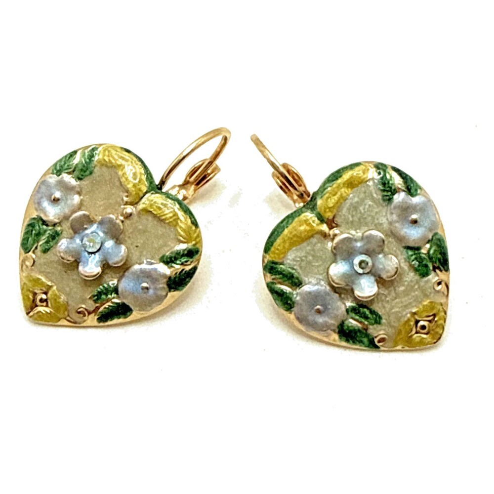 Kirks Folly Enamel Heart Earrings Green Blue Yellow Rhinestone Floral 1.25"